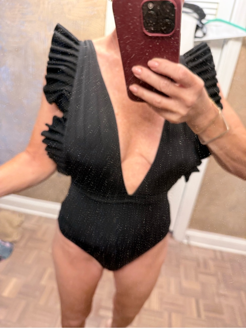 Black Ruffle Sleeve  sexy One-Piece Swimsuit size small Puntamar